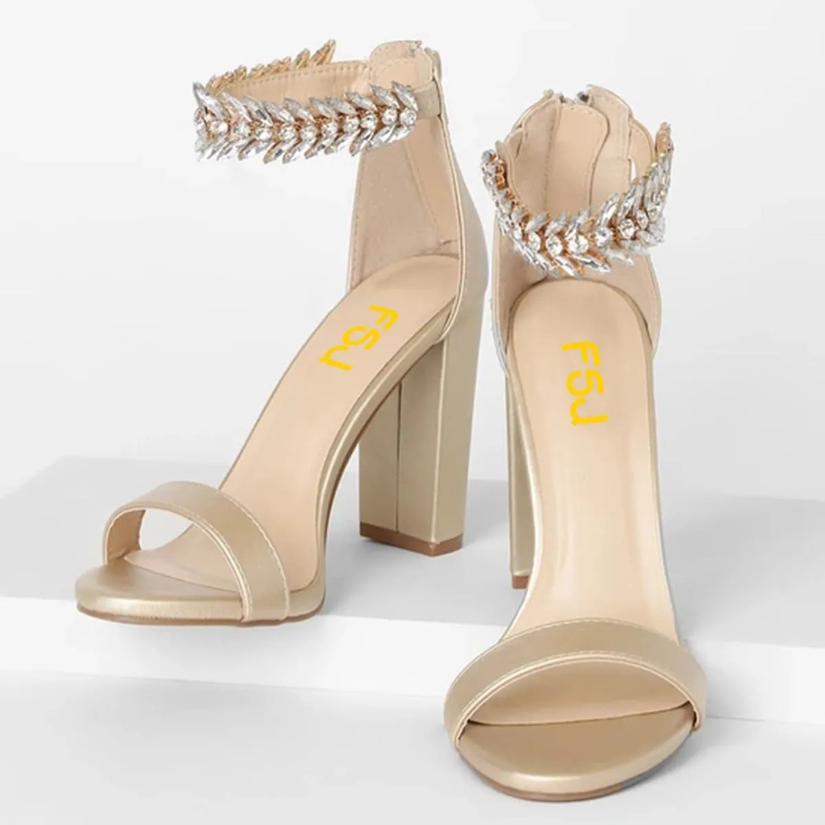 FSJ Women Classic Open Toe Chunky High Heel Sandal Embellished Crystal Ankle Strap Back Zipper Evening Pumps Dress Shoes Size 4-15 US