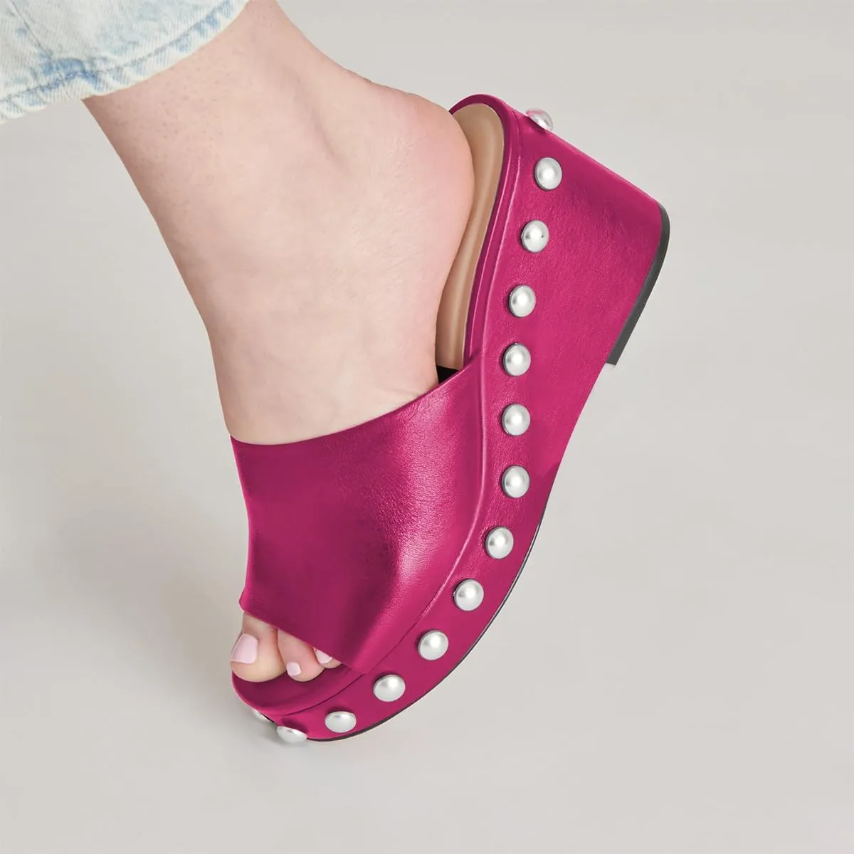 FSJ Women Classic Open Toe Wedge Heels Slide Heeled Sandals Studded Metal Rivets Slip On Mules Summer Casual Dress Shoes Size 4-16 US