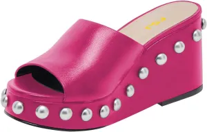 FSJ Women Classic Open Toe Wedge Heels Slide Heeled Sandals Studded Metal Rivets Slip On Mules Summer Casual Dress Shoes Size 4-16 US
