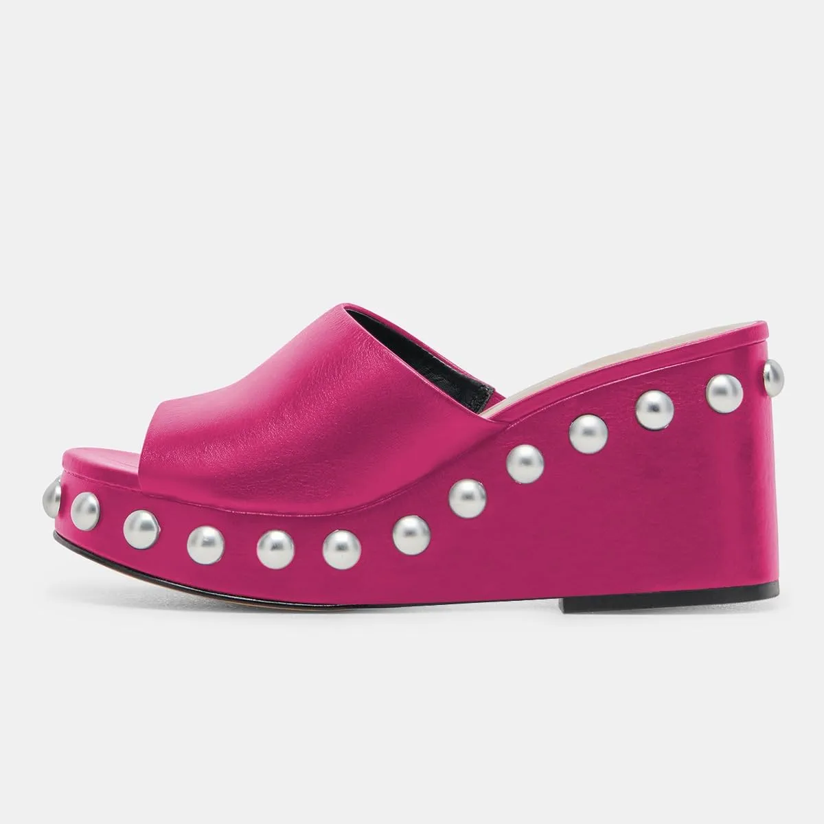 FSJ Women Classic Open Toe Wedge Heels Slide Heeled Sandals Studded Metal Rivets Slip On Mules Summer Casual Dress Shoes Size 4-16 US
