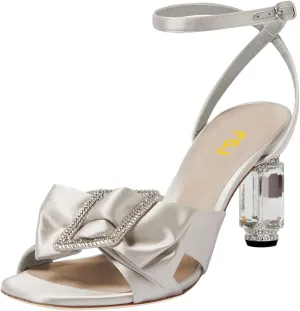 FSJ Women Elegant Open Toe Crystal Chunky High Heel Sandals with Bow Detail Embellished Ankle Strap Satin Pumps Evening Party Dance Wedding Shoes Size 4-16 US