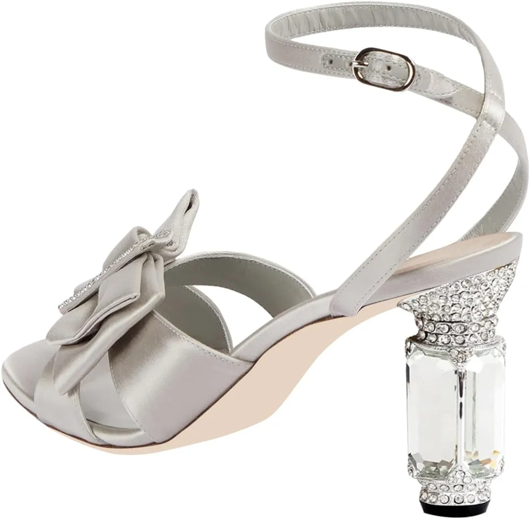 FSJ Women Elegant Open Toe Crystal Chunky High Heel Sandals with Bow Detail Embellished Ankle Strap Satin Pumps Evening Party Dance Wedding Shoes Size 4-16 US