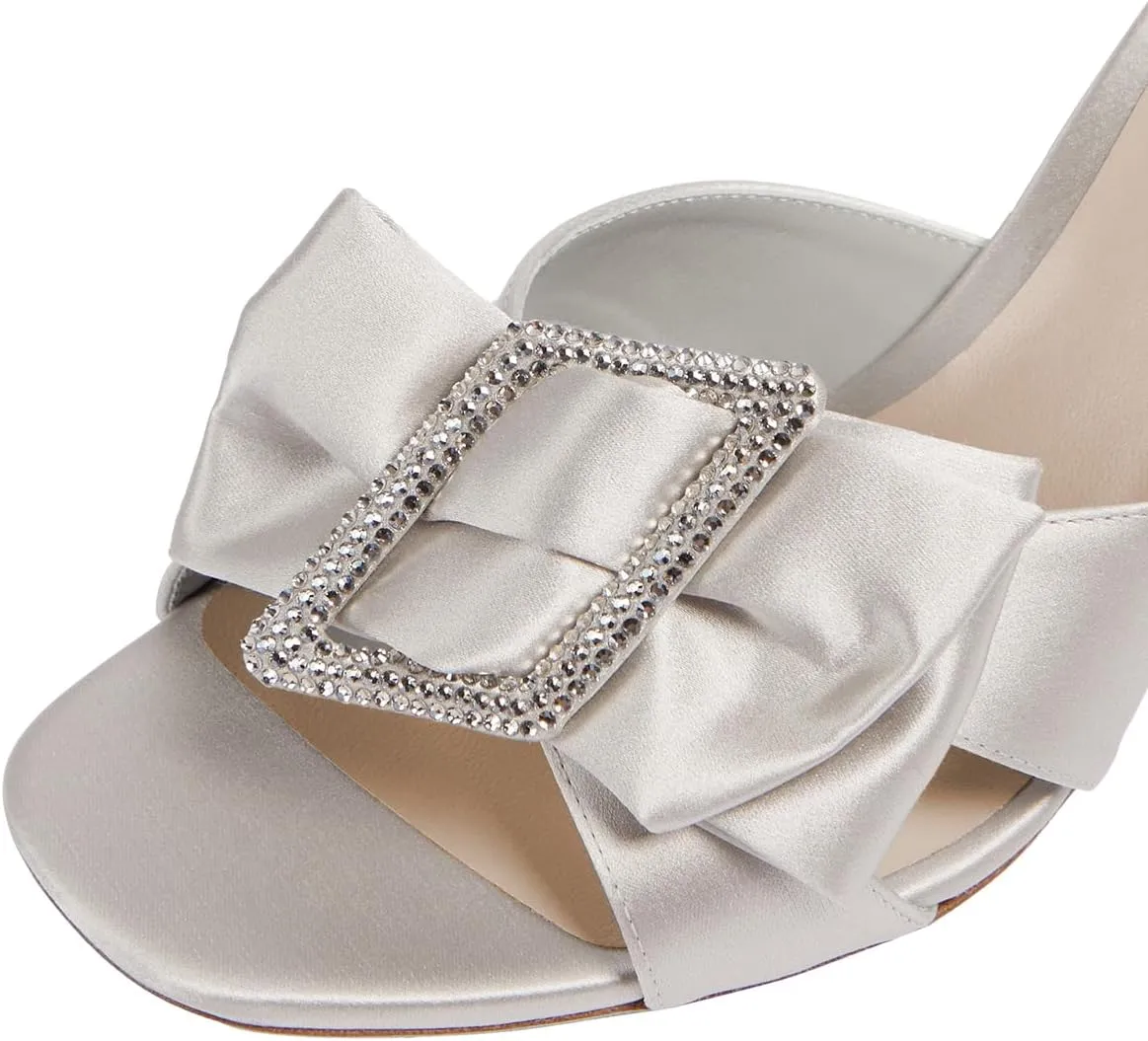 FSJ Women Elegant Open Toe Crystal Chunky High Heel Sandals with Bow Detail Embellished Ankle Strap Satin Pumps Evening Party Dance Wedding Shoes Size 4-16 US