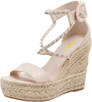 FSJ Women Open Toe Espadrilles Wedge Sandals Rivet Cross Strappy Buckle Ankle Strap Platform Sandals Casual Stylish Dressy Summer Shoes Size 4-16 US
