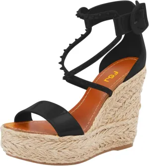 FSJ Women Open Toe Espadrilles Wedge Sandals Rivet Cross Strappy Buckle Ankle Strap Platform Sandals Casual Stylish Dressy Summer Shoes Size 4-16 US