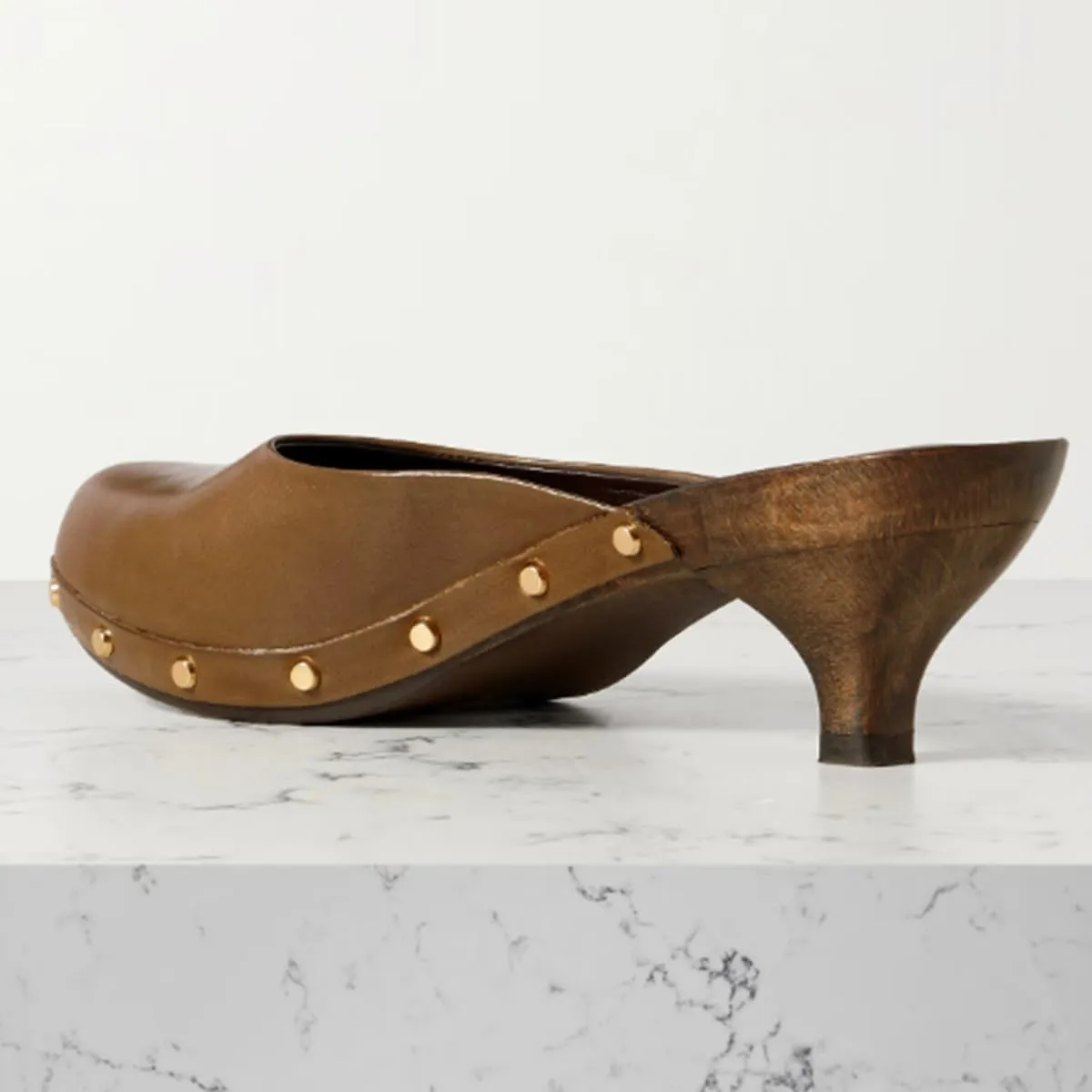 FSJ Women Retro Round Closed Toe Mules Wooden Kitten Heel Trendy Studded Slide Sandals Vintage Dressy Pumps Shoes Size 4-16 US