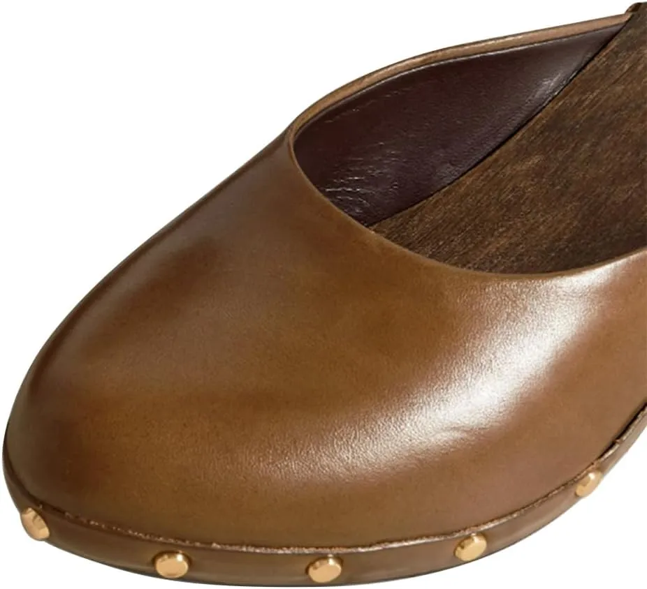 FSJ Women Retro Round Closed Toe Mules Wooden Kitten Heel Trendy Studded Slide Sandals Vintage Dressy Pumps Shoes Size 4-16 US