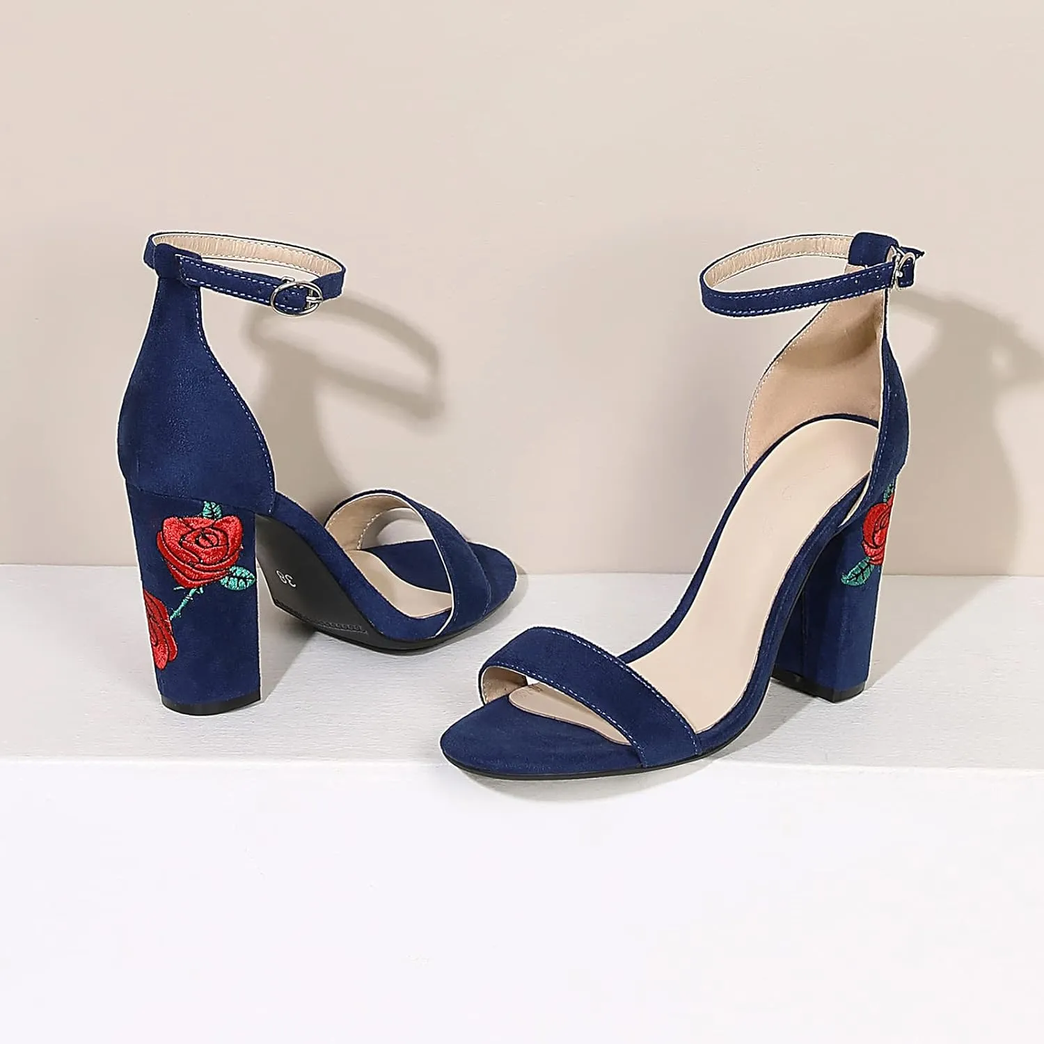 Gicoiz Women Classic Open Toe Embroidered Block Heel Sandals
