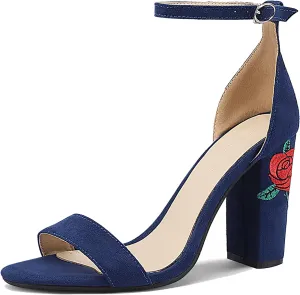 Gicoiz Women Classic Open Toe Embroidered Block Heel Sandals