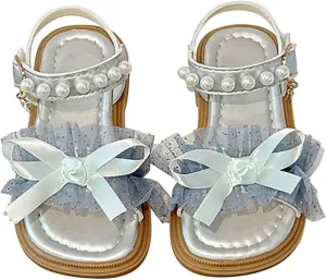 Girl Sandals Flower Girl Summer Dress Shoes Open Toe Pearl Mesh Soft Sole Flats Kids Wedding Party Bow Flower Pumps