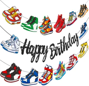 Glitter Black Sneaker Happy Birthday Banners 3Pcs Sports Shoes Theme Party Decorations Basketball Sneaker Party Banners for Sneakerhead Baby Shower Supplies