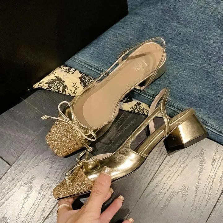 Gold Low Heel Ballerina Style Sandal