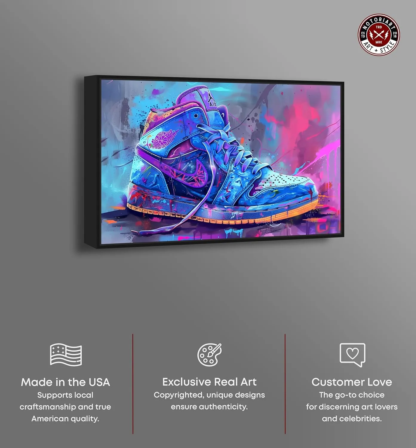 Graffiti Sneaker Urban Style Canvas Wall Art by Notoriart, Black Floater Frame, 15"x10"
