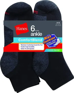 Hanes Mens ComfortBlend Max Cushion Ankle Socks (Sneaker & Shoe: 6-12 / Socks: 10-13, Black)