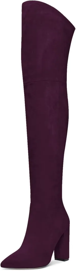 HDEUOLM Women Chunky Block High Heel Close Pointed Toe Over Above The Knee Boots Zipper Sexy Classic Shoes