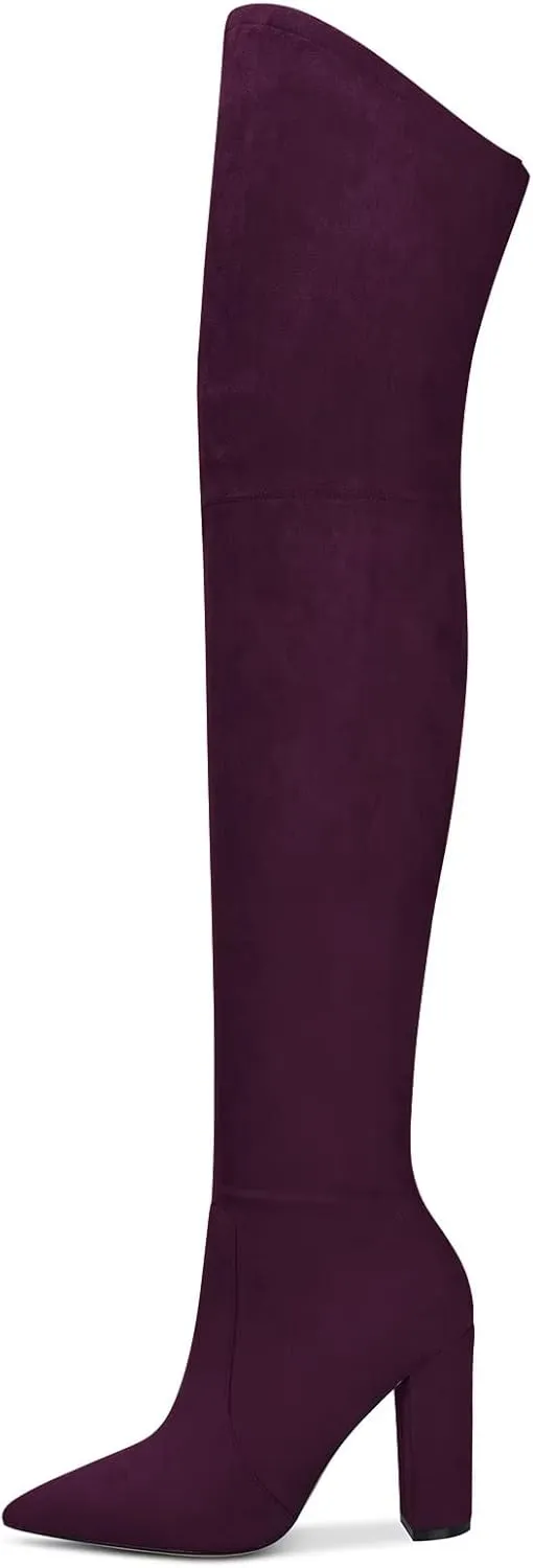 HDEUOLM Women Chunky Block High Heel Close Pointed Toe Over Above The Knee Boots Zipper Sexy Classic Shoes