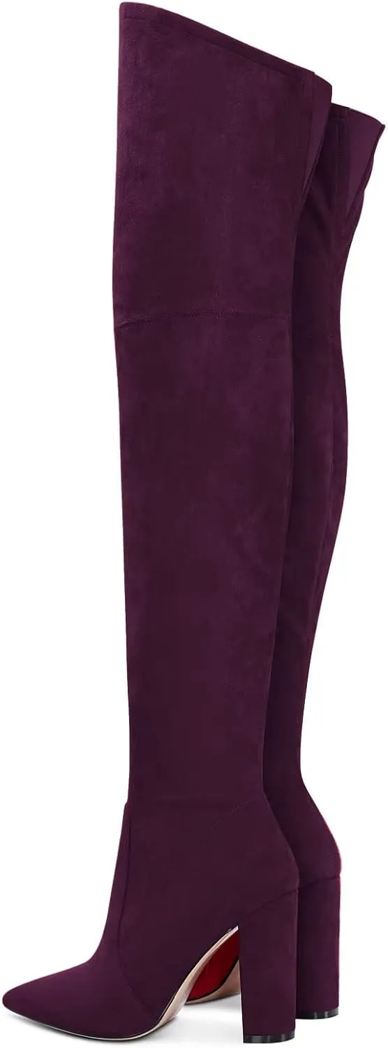HDEUOLM Women Chunky Block High Heel Close Pointed Toe Over Above The Knee Boots Zipper Sexy Classic Shoes