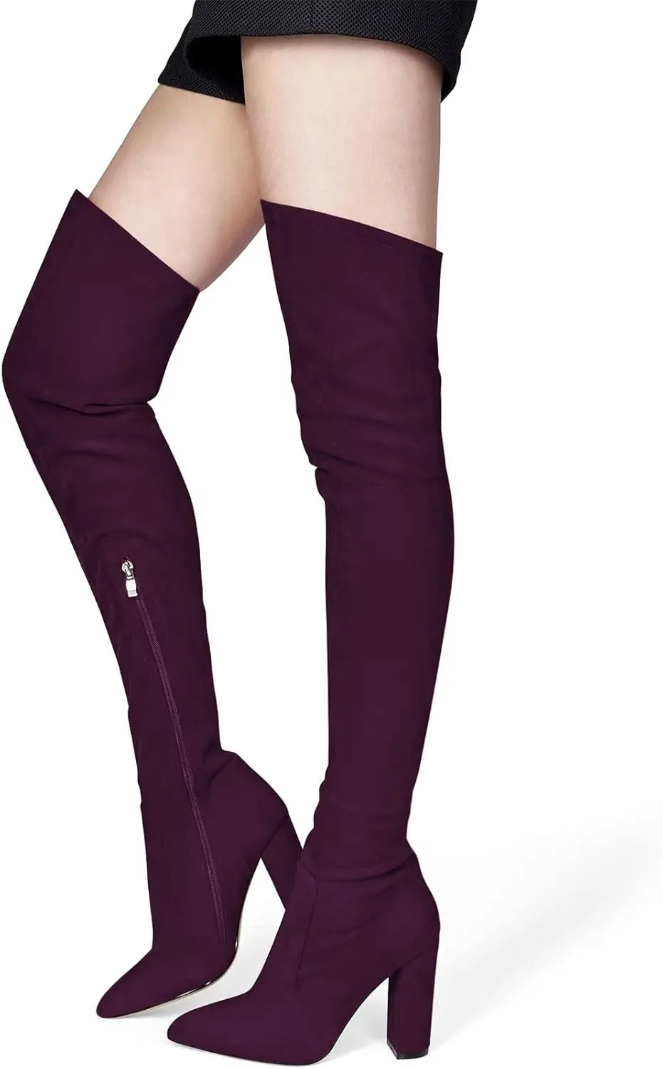 HDEUOLM Women Chunky Block High Heel Close Pointed Toe Over Above The Knee Boots Zipper Sexy Classic Shoes