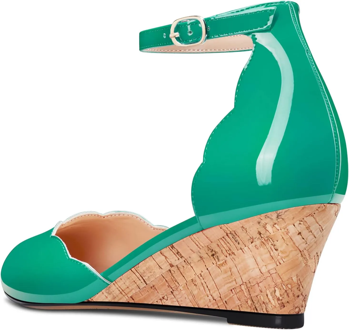 HEUIVZAR Womens Cork Wedge Pumps Sandals Mid Chunky Block Heel Round Toe Ankle Strap Patent Dress Shoes 2 Inch