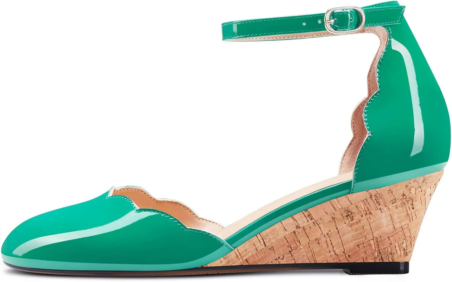 HEUIVZAR Womens Cork Wedge Pumps Sandals Mid Chunky Block Heel Round Toe Ankle Strap Patent Dress Shoes 2 Inch