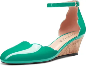 HEUIVZAR Womens Cork Wedge Pumps Sandals Mid Chunky Block Heel Round Toe Ankle Strap Patent Dress Shoes 2 Inch
