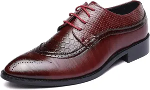 HOOENG Oxford Shoes for Men Lace Up Brogue Embossed Crocodile Embossed PU Leather Low Top Block Heel Slip Resistant Business (Color : Red, Size : 7.5)