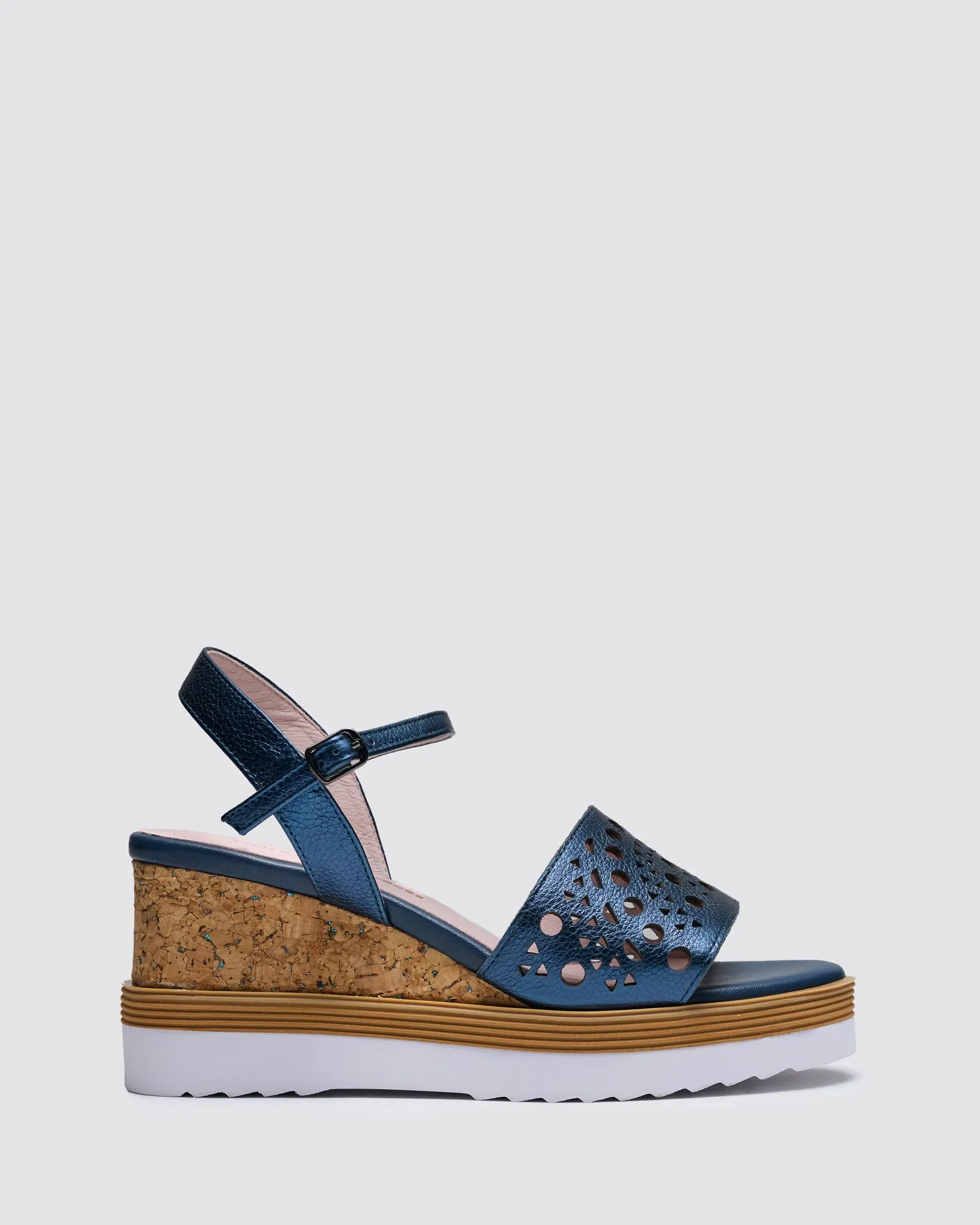 INGRID WEDGE SANDALS NAVY METALLIC LEATHER