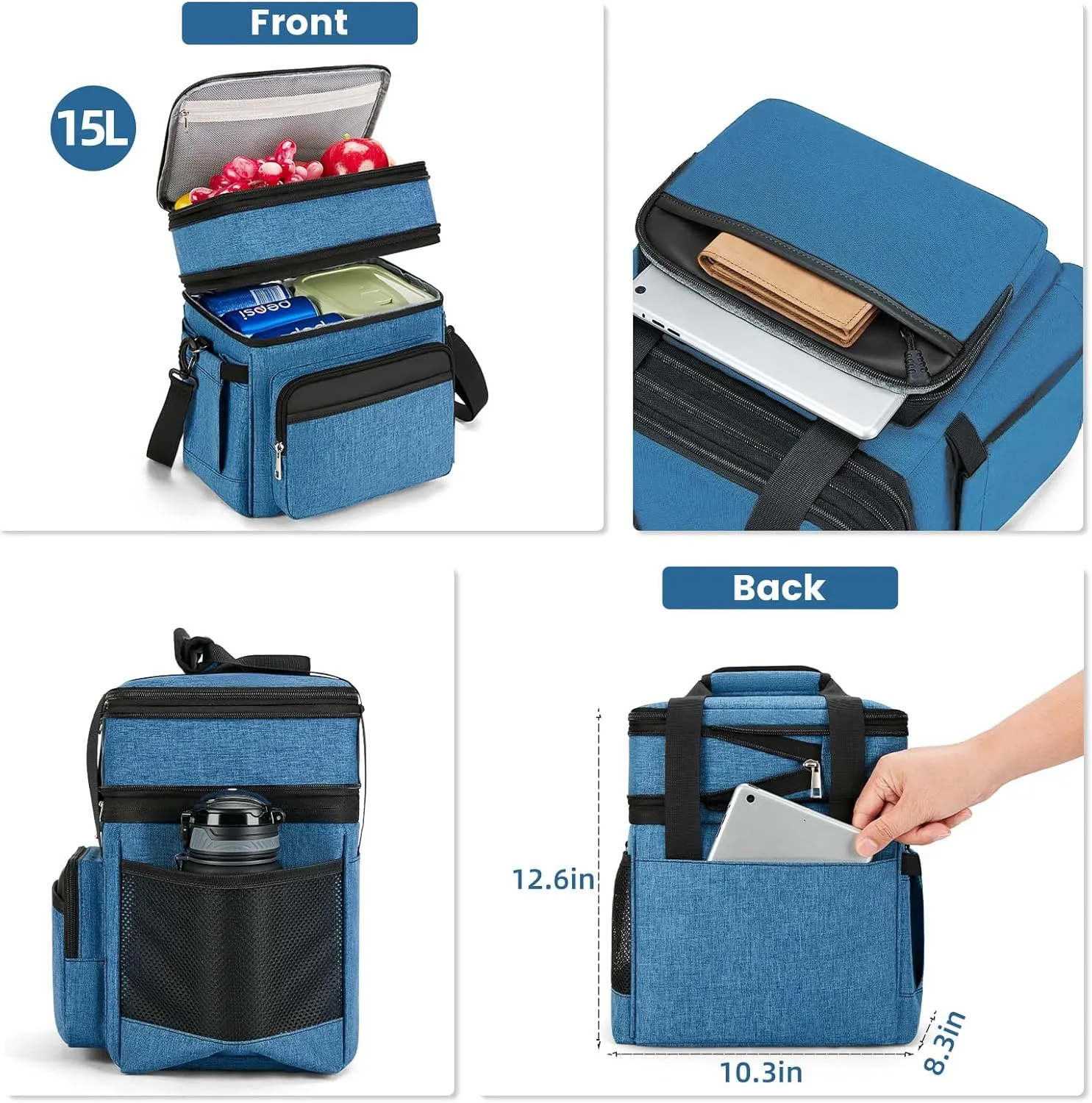 Insulated Lunch Bag & Lunch Box for Men - Double Deck Reusable Lunch Bag for Women Tote Cooler Bag Leakproof Soft Expandable - Large Lunchbox for Work/Adult/Picnic/Outdoor (Blue，15L)
