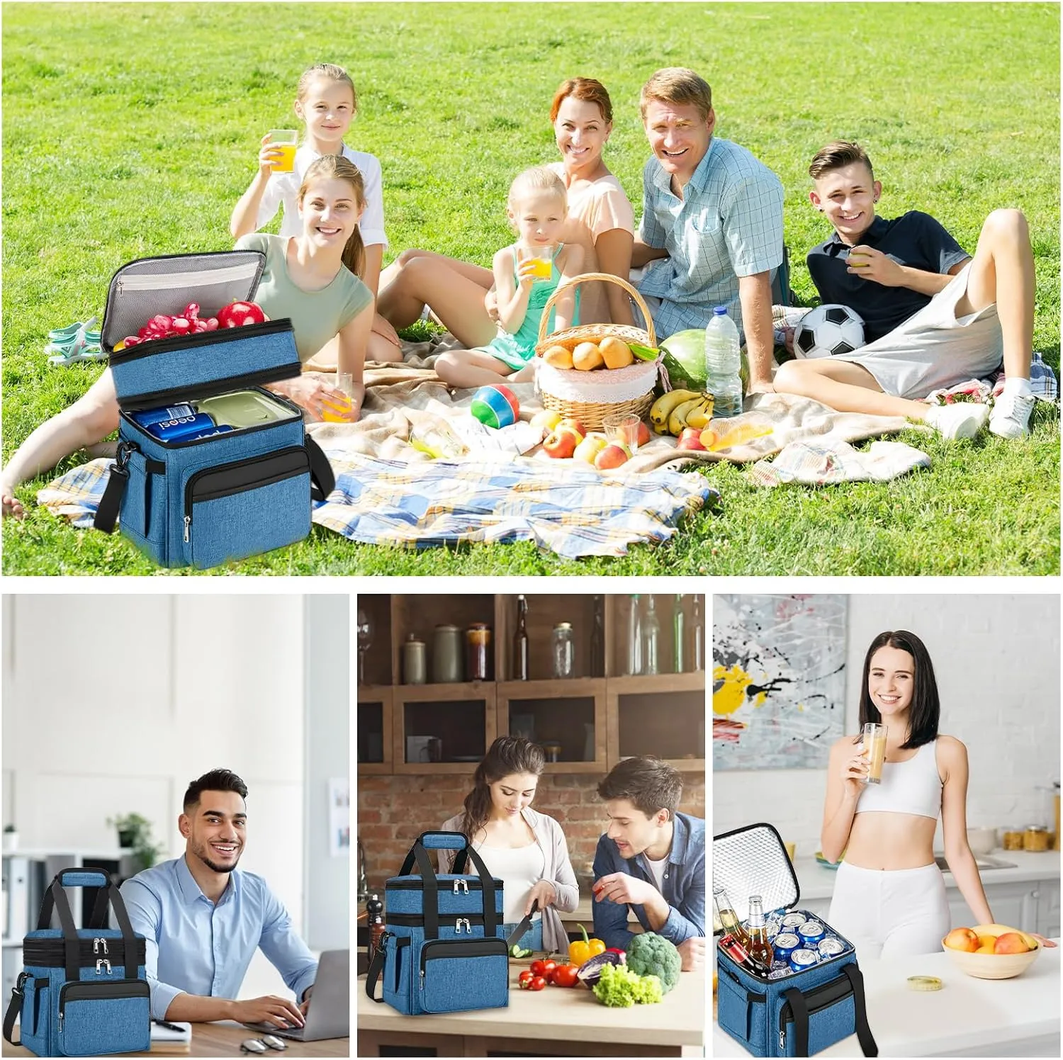 Insulated Lunch Bag & Lunch Box for Men - Double Deck Reusable Lunch Bag for Women Tote Cooler Bag Leakproof Soft Expandable - Large Lunchbox for Work/Adult/Picnic/Outdoor (Blue，15L)
