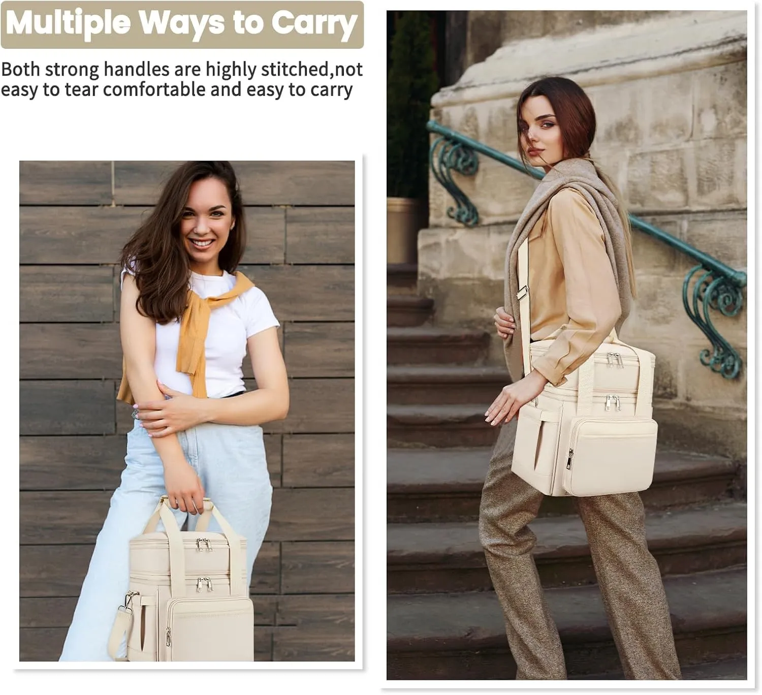 Insulated Lunch Bag & Lunch Box for Women - Double Deck Reusable Lunch Bag for Men Tote Cooler Bag Leakproof Soft Expandable - Large Lunchbox for Work/Adult/Picnic/Outdoor (Cream，15L)