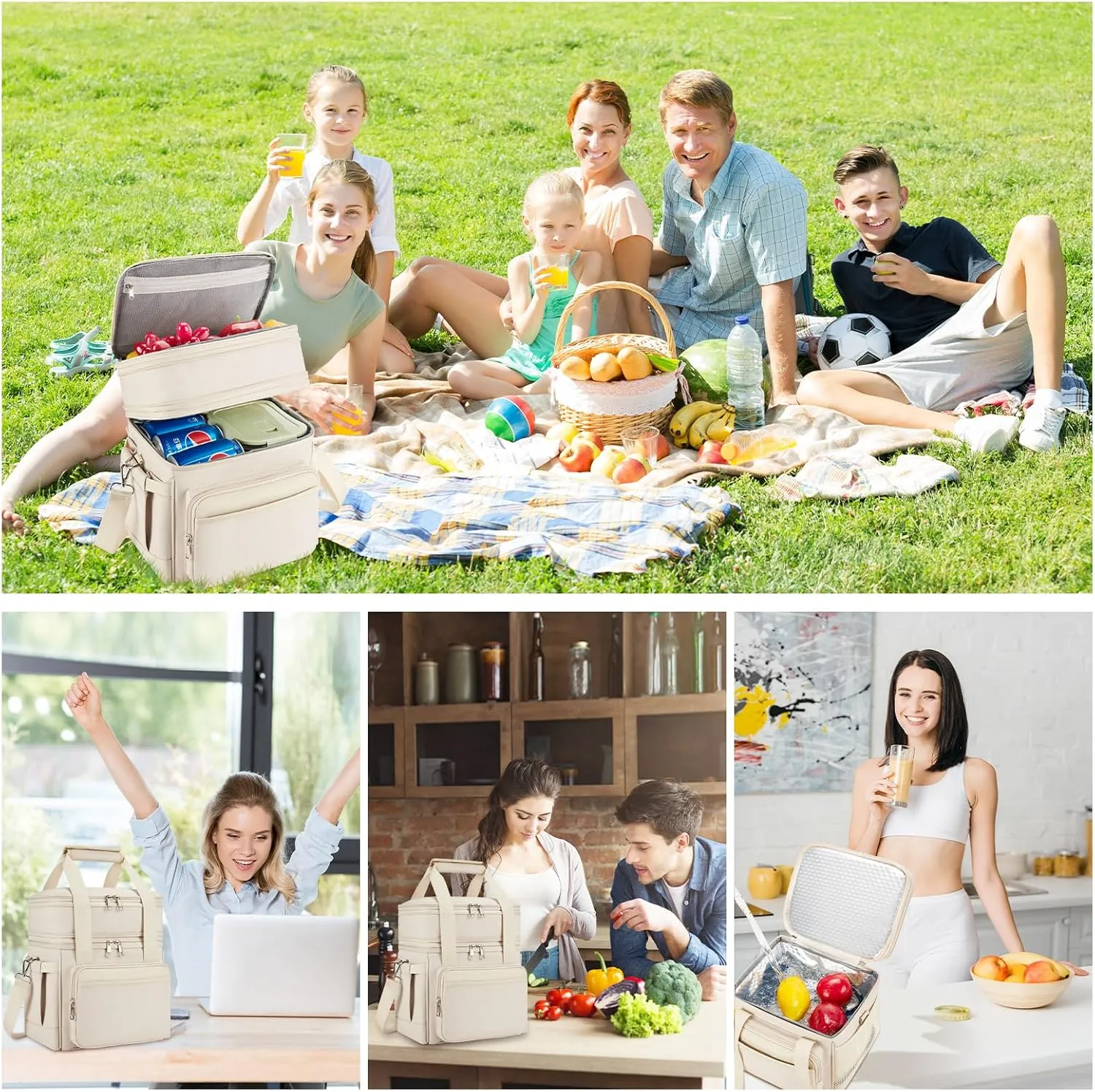Insulated Lunch Bag & Lunch Box for Women - Double Deck Reusable Lunch Bag for Men Tote Cooler Bag Leakproof Soft Expandable - Large Lunchbox for Work/Adult/Picnic/Outdoor (Cream，15L)