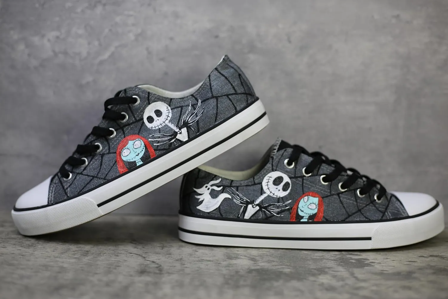 Jack and Sally canvas shoes Halloween Nightmare hand-painted custom anime sports shoes black low top women's and men's Christmas multifunctional (7 Women)