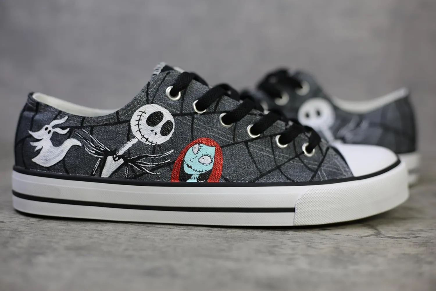 Jack and Sally canvas shoes Halloween Nightmare hand-painted custom anime sports shoes black low top women's and men's Christmas multifunctional (7 Women)