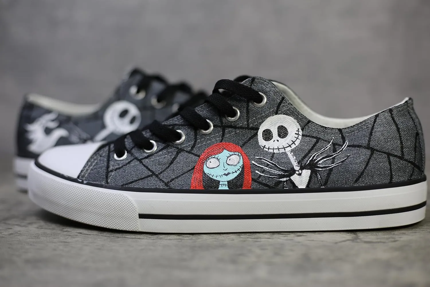Jack and Sally canvas shoes Halloween Nightmare hand-painted custom anime sports shoes black low top women's and men's Christmas multifunctional (7 Women)