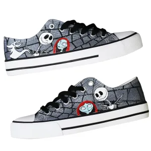 Jack and Sally canvas shoes Halloween Nightmare hand-painted custom anime sports shoes black low top women's and men's Christmas multifunctional (7 Women)
