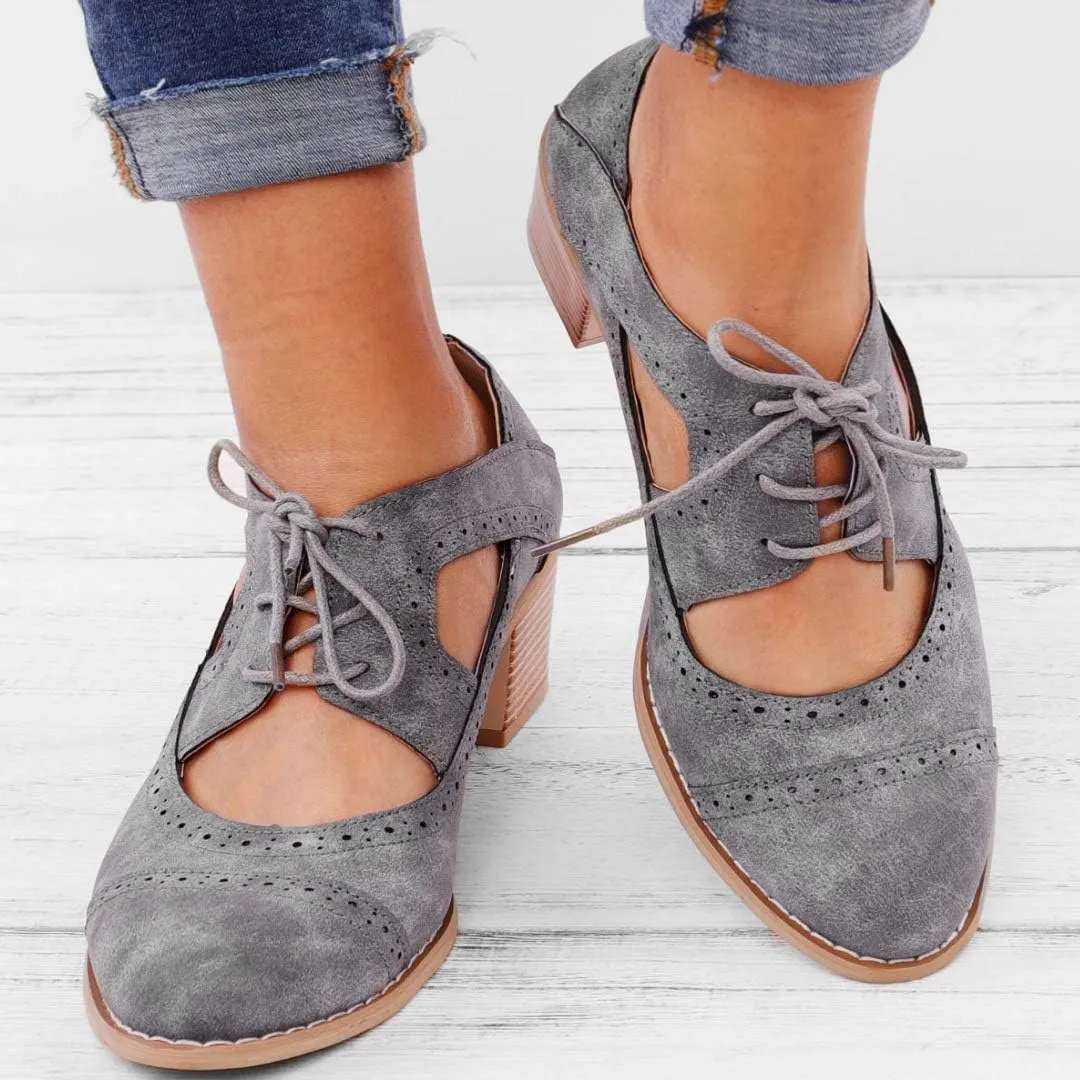 JITUUE Oxford Shoes for Women Chunky Heels Brogue Leather Saddle Dress Shoes Lace up Vintage Wingtip Ankle Boots