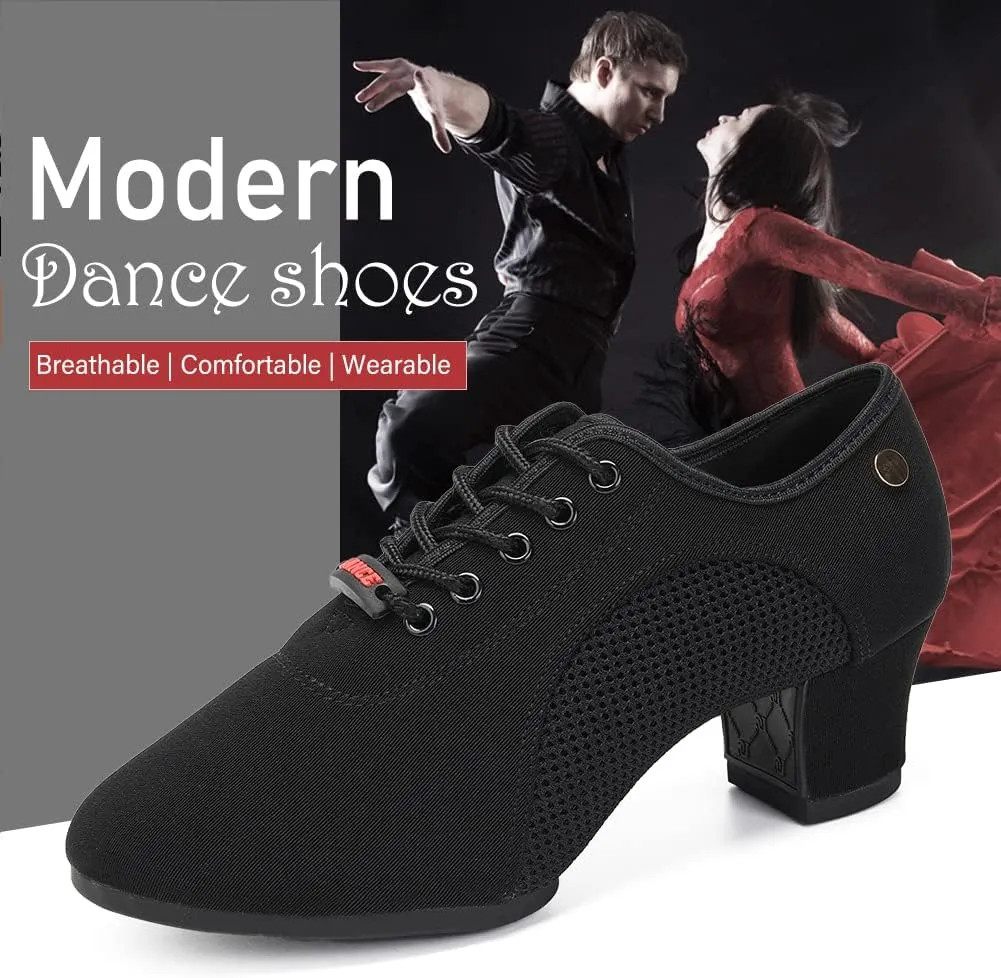 JUODVMP Women's Ballroom Dance Practice Shoes Breathable Canvas Chunky Heel Salsa Dance Shoes,Closed Toe