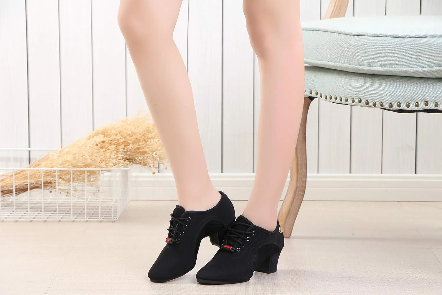 JUODVMP Women's Ballroom Dance Practice Shoes Breathable Canvas Chunky Heel Salsa Dance Shoes,Closed Toe