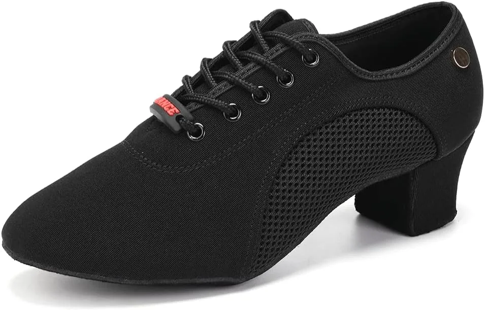 JUODVMP Women's Ballroom Dance Practice Shoes Breathable Canvas Chunky Heel Salsa Dance Shoes,Closed Toe