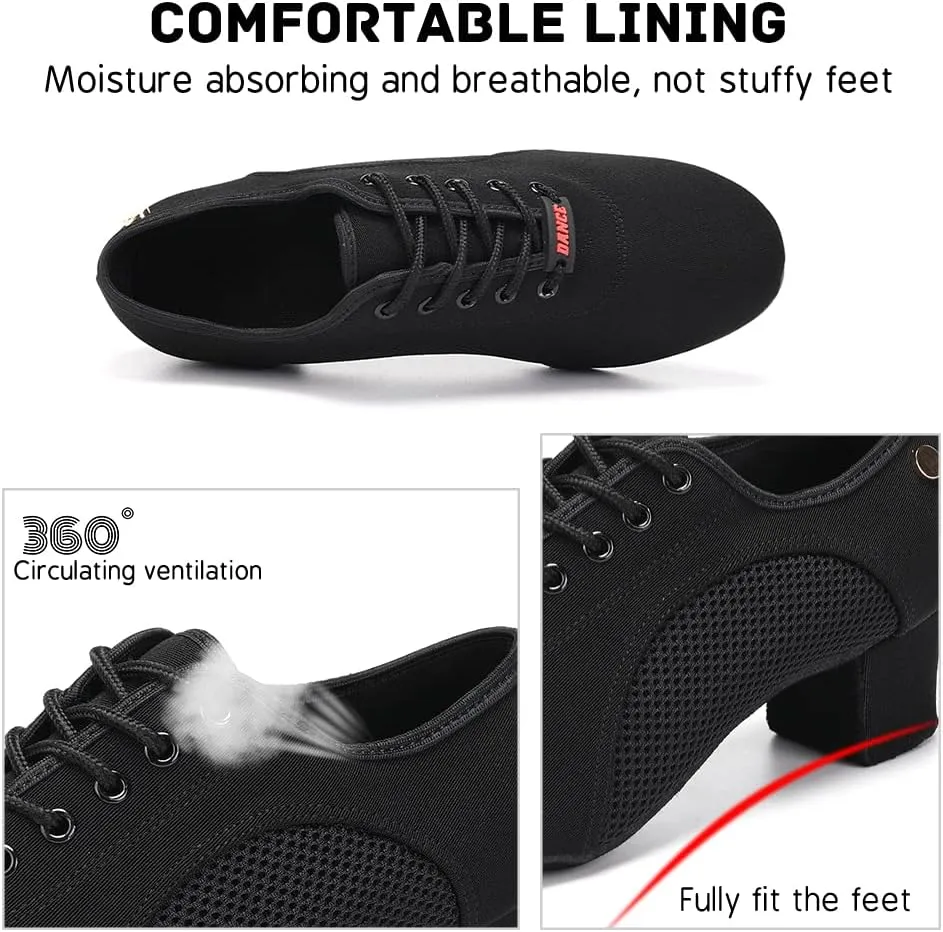 JUODVMP Women's Ballroom Dance Practice Shoes Breathable Canvas Chunky Heel Salsa Dance Shoes,Closed Toe