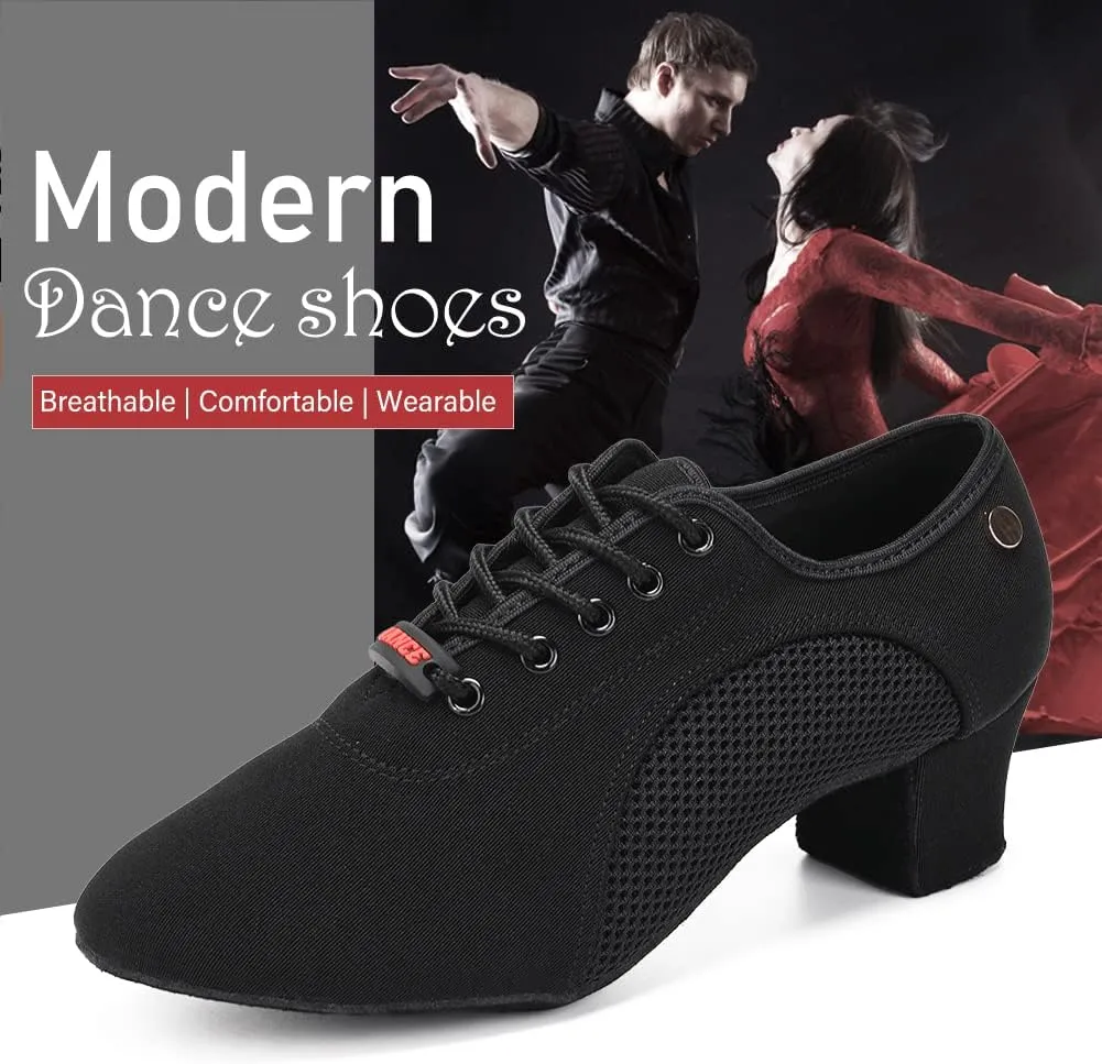 JUODVMP Women's Ballroom Dance Practice Shoes Breathable Canvas Chunky Heel Salsa Dance Shoes,Closed Toe