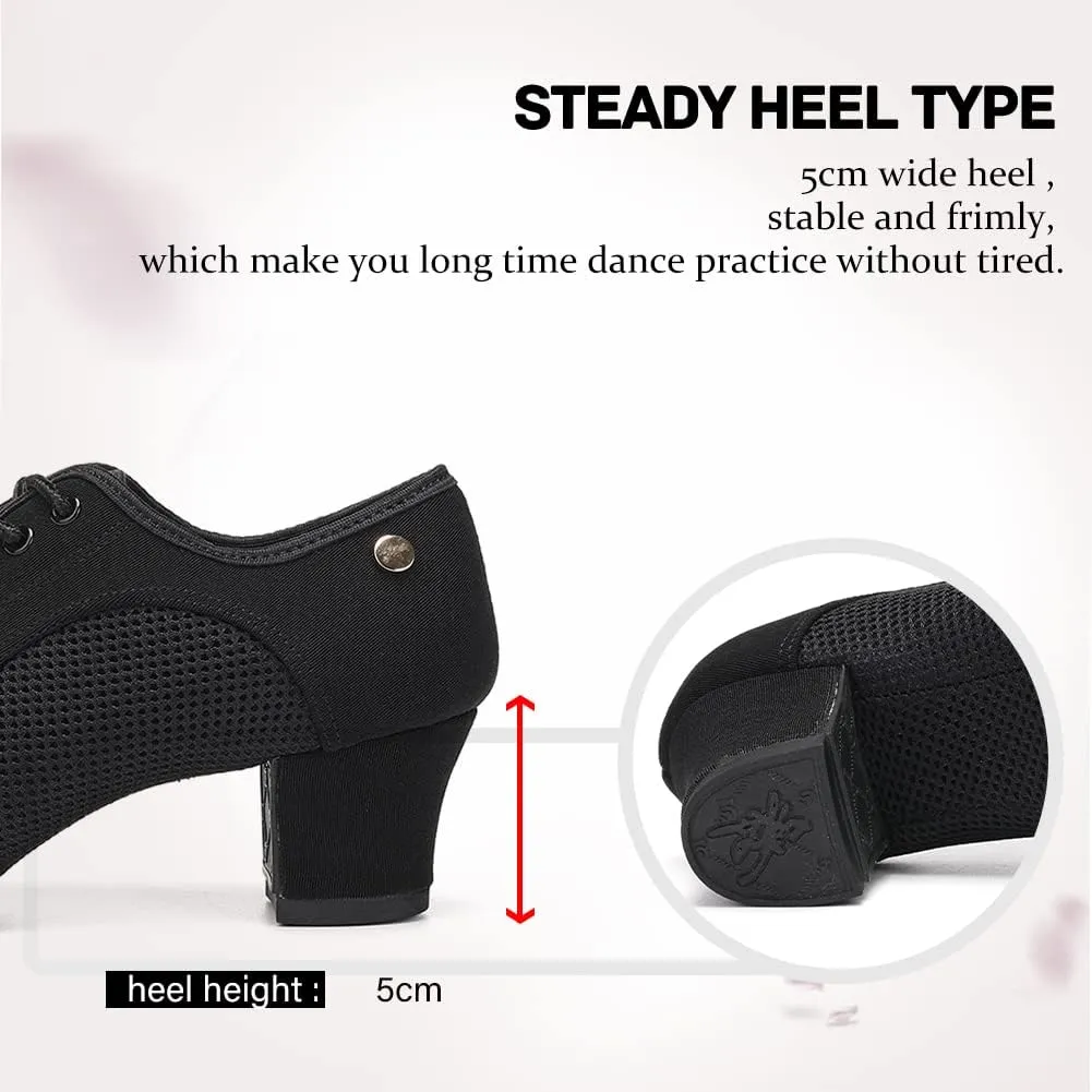 JUODVMP Women's Ballroom Dance Practice Shoes Breathable Canvas Chunky Heel Salsa Dance Shoes,Closed Toe