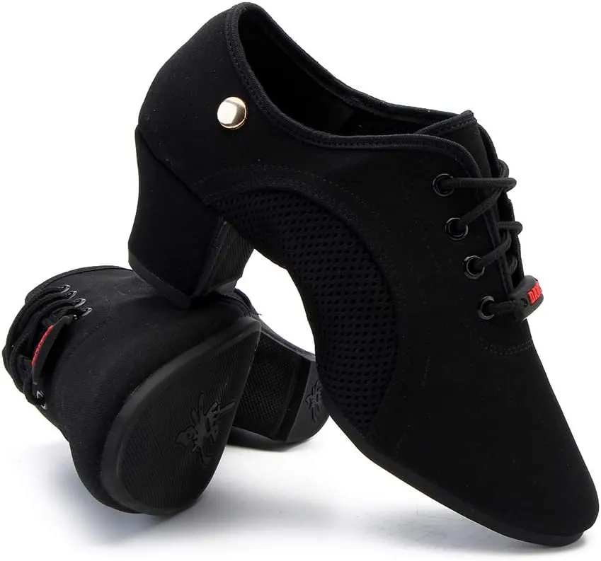 JUODVMP Women's Ballroom Dance Practice Shoes Breathable Canvas Chunky Heel Salsa Dance Shoes,Closed Toe