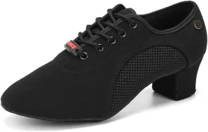 JUODVMP Women's Ballroom Dance Practice Shoes Breathable Canvas Chunky Heel Salsa Dance Shoes,Closed Toe