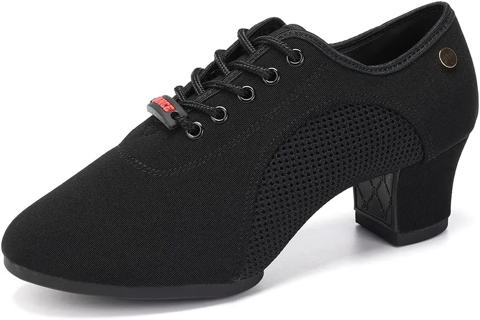 JUODVMP Women's Ballroom Dance Practice Shoes Breathable Canvas Chunky Heel Salsa Dance Shoes,Closed Toe