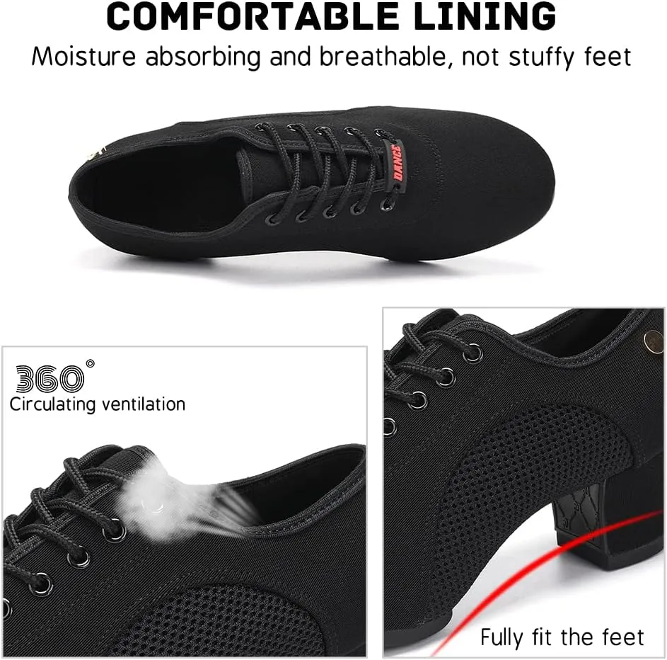 JUODVMP Women's Ballroom Dance Practice Shoes Breathable Canvas Chunky Heel Salsa Dance Shoes,Closed Toe