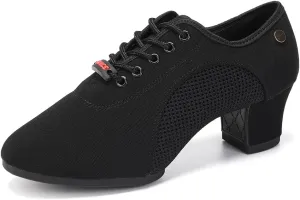 JUODVMP Women's Ballroom Dance Practice Shoes Breathable Canvas Chunky Heel Salsa Dance Shoes,Closed Toe