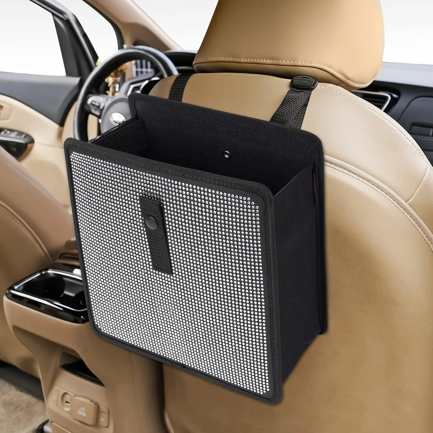 KMMOTORS Jopps Premium Diamond Car Trash Can – Luxury Foldable Bin with Strap, PU Leather & Oxford, Waterproof, Bling Crystal Design for Stylish Interiors (Large, Diamond Black)