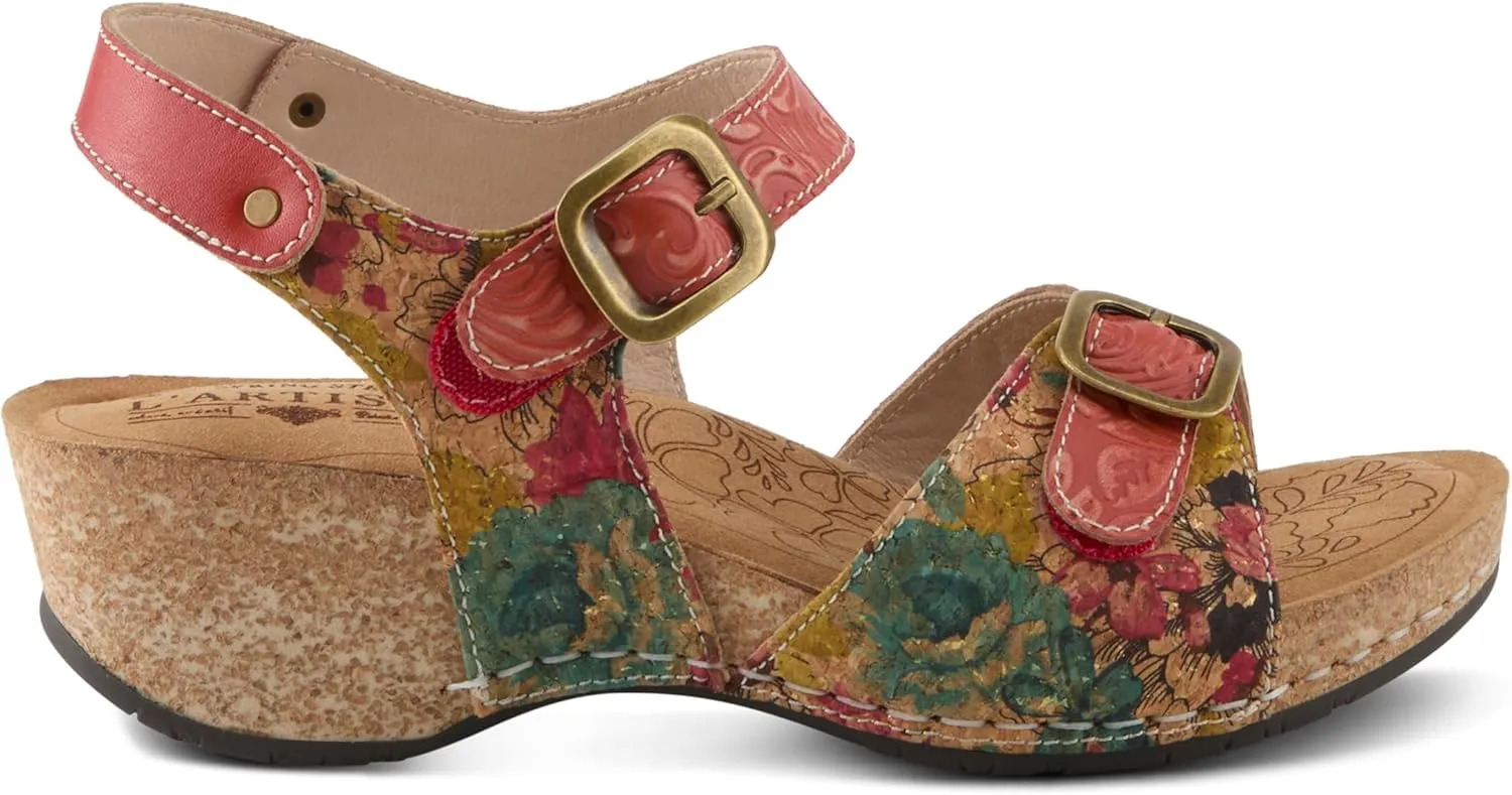 L'Artiste Women's OSUNA Hook-and-Loop Leather Sandals – Floral Cork Design, Adjustable Straps, Cushioned Demi-Wedge Sole