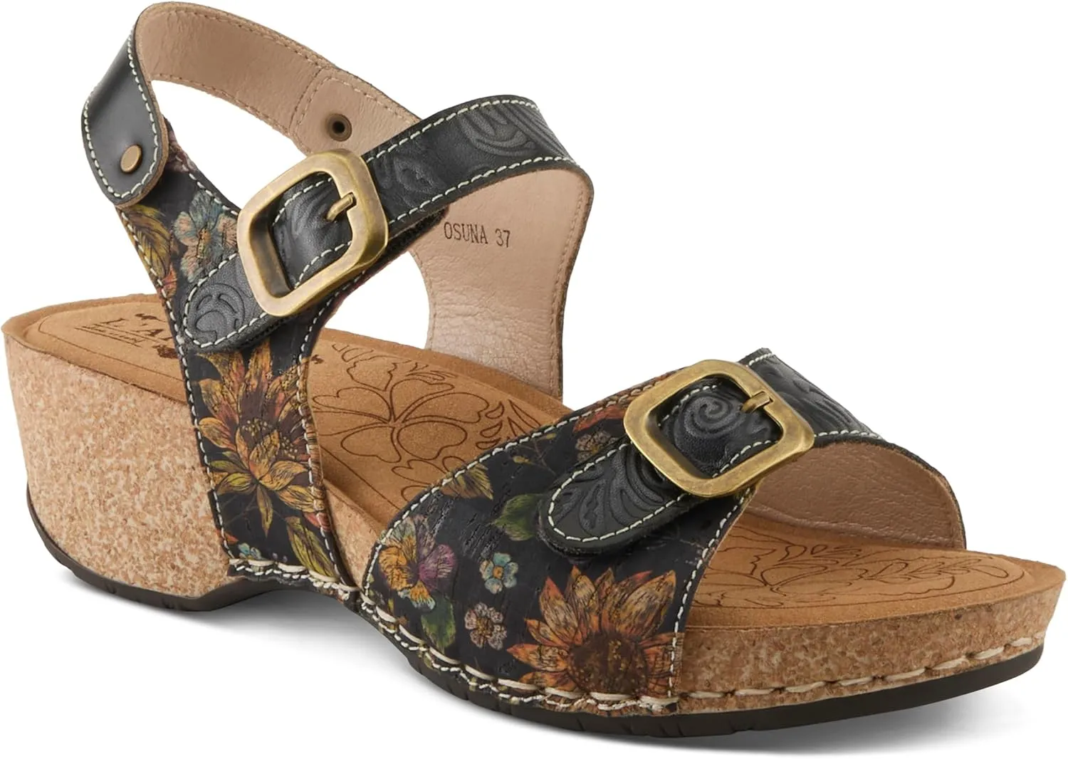 L'Artiste Women's OSUNA Hook-and-Loop Leather Sandals – Floral Cork Design, Adjustable Straps, Cushioned Demi-Wedge Sole